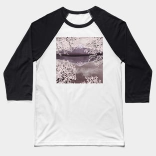 Sakura blooming trees Fuji mountain watercolor illustration Cherry blossom on water landscape Baseball T-Shirt